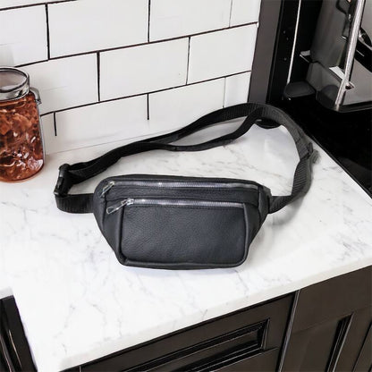 Бананка из натуральной кожи, сумка мужская-женская барсетка черная c серебряным замком