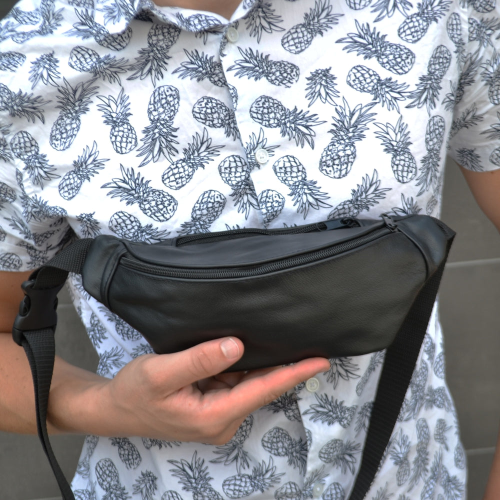 Кожаная бананка, мужская женская сумка из натуральной кожи, черная барсетка