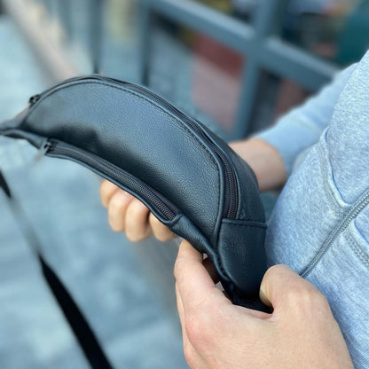 Кожаная бананка, мужская женская сумка из натуральной кожи, черная барсетка