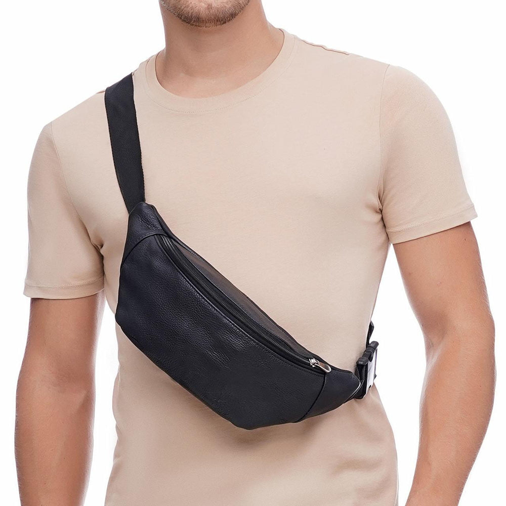 Кожаная бананка, мужская женская сумка из натуральной кожи, черная барсетка