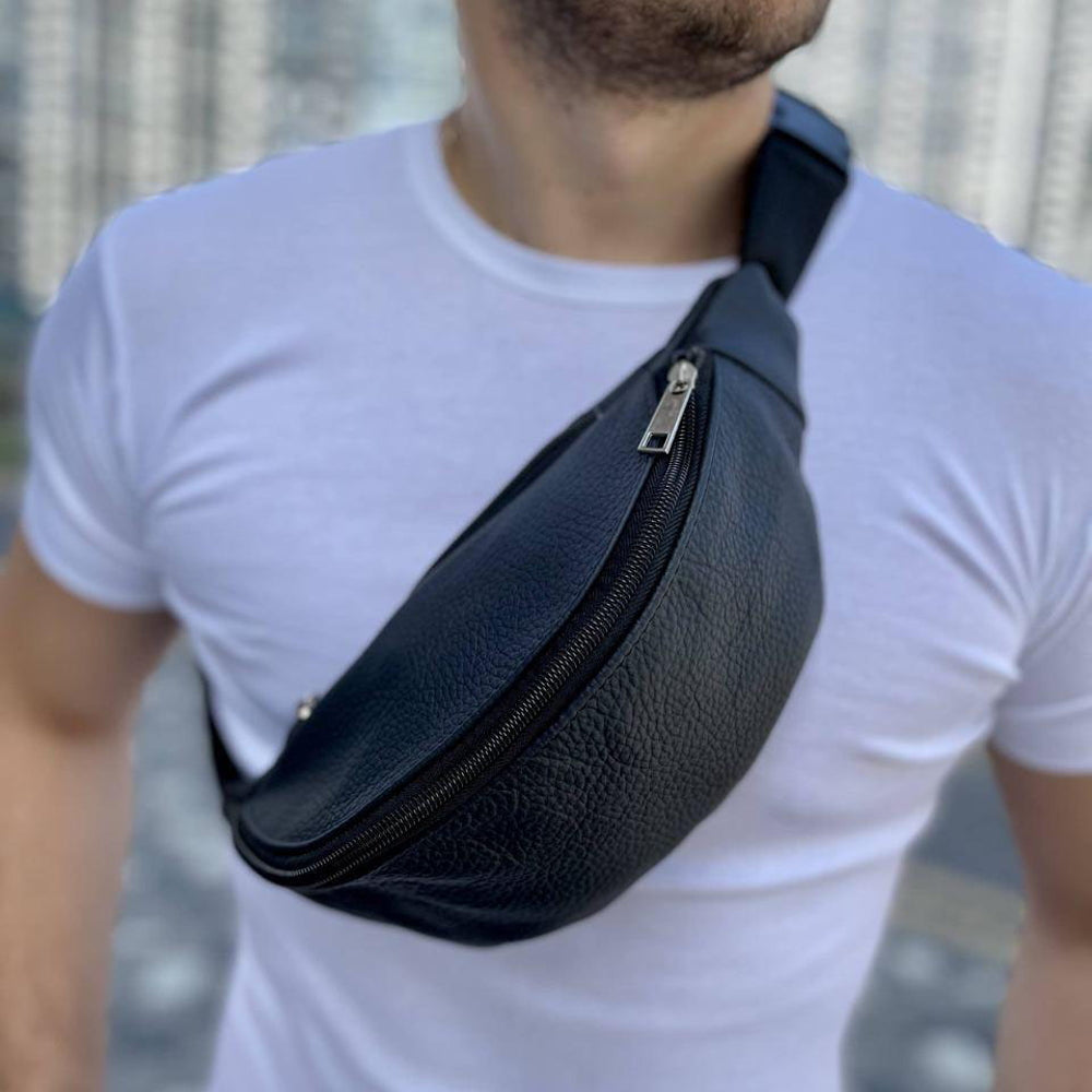 Кожаная бананка, мужская женская сумка из натуральной кожи, черная барсетка