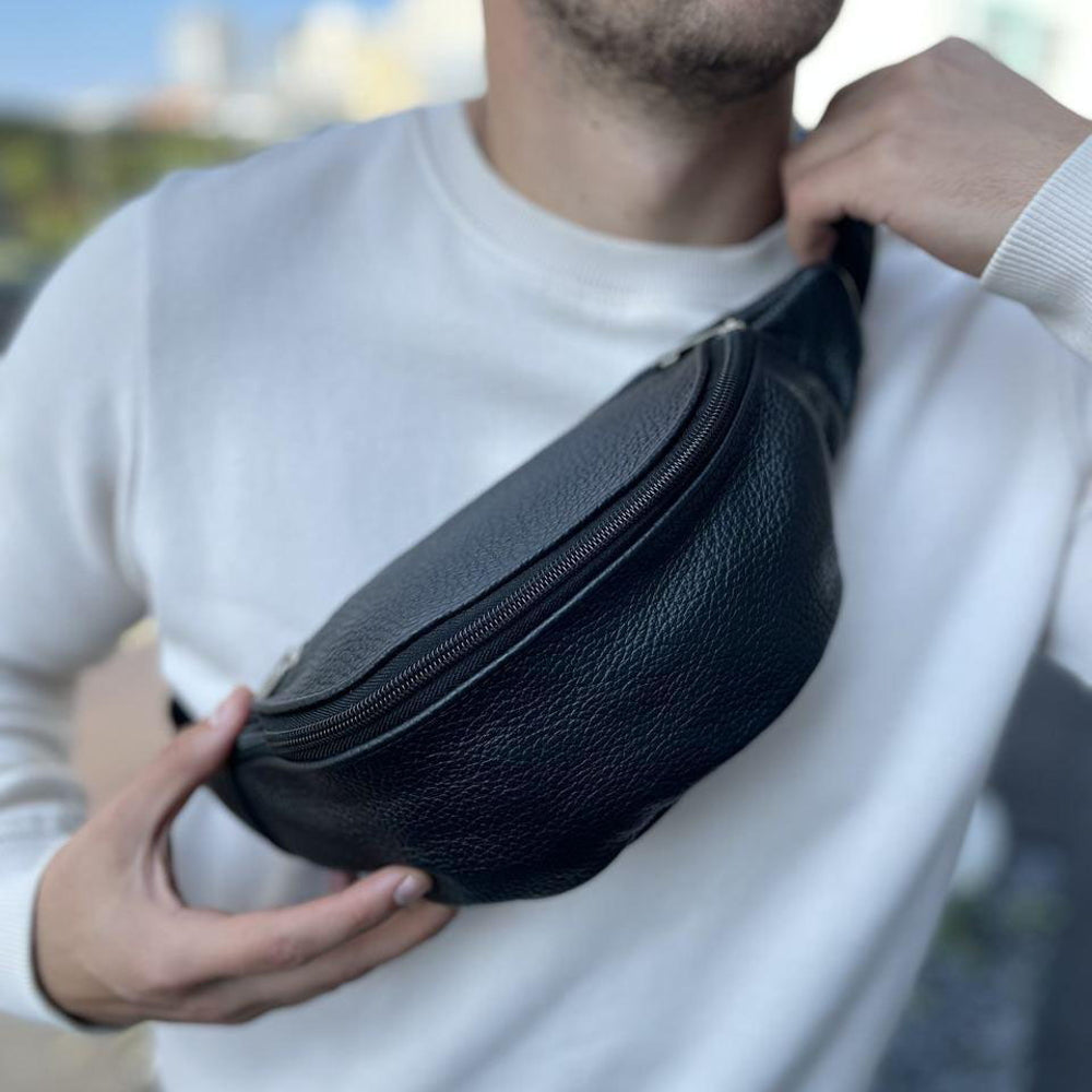 Кожаная бананка, мужская женская сумка из натуральной кожи, черная барсетка
