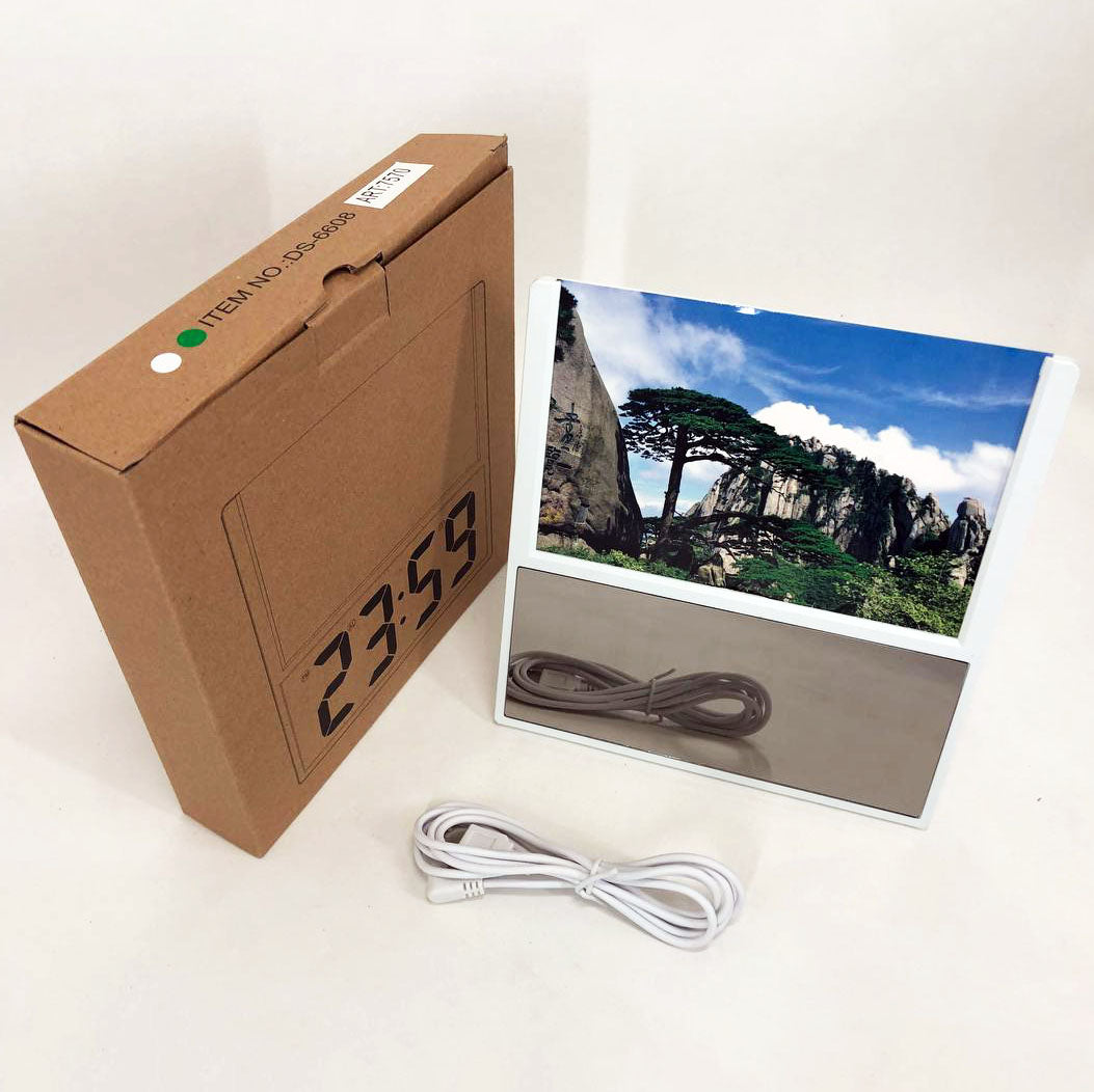 Электронные проводные настольные цифровые часы DS-6608 с фоторамкой, зелёная подсветка. Цвет: белый