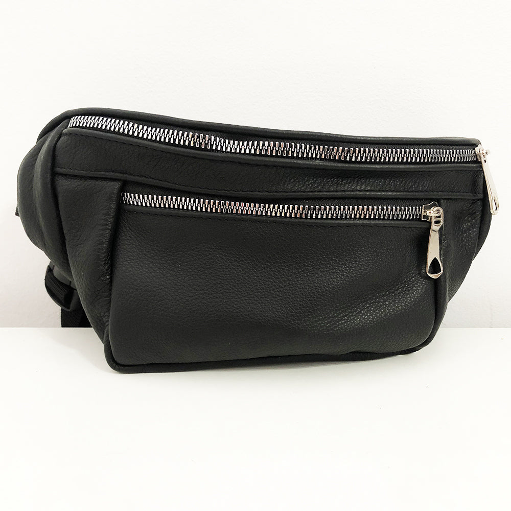 Бананка из натуральной кожи, сумка мужская-женская барсетка черная c серебряным замком