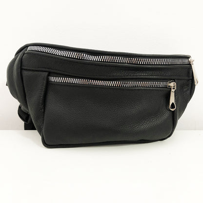 Бананка из натуральной кожи, сумка мужская-женская барсетка черная c серебряным замком