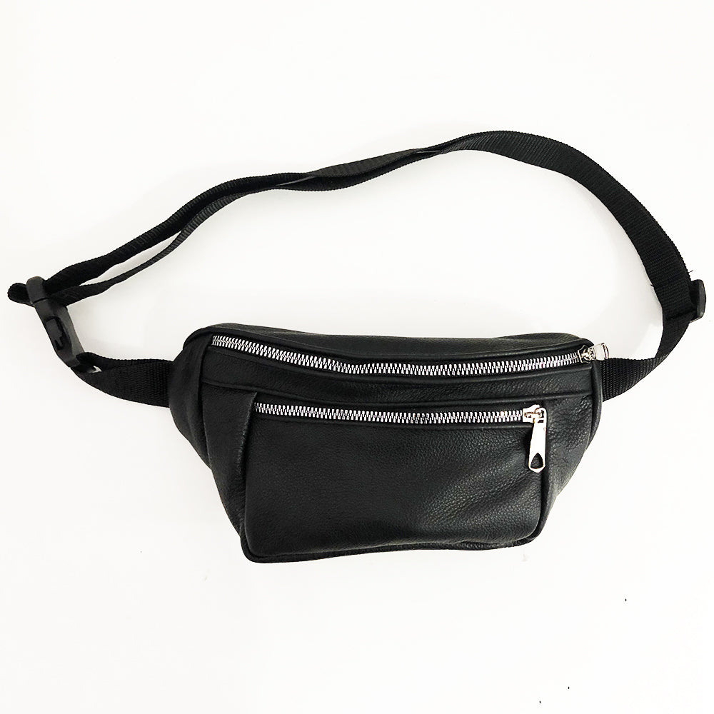 Бананка из натуральной кожи, сумка мужская-женская барсетка черная c серебряным замком