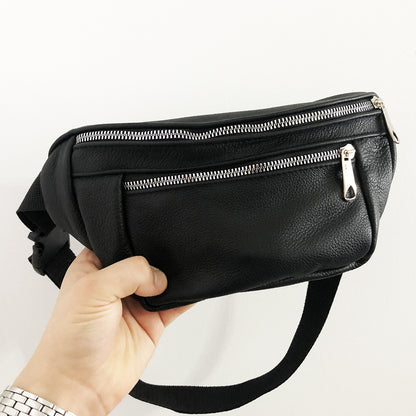 Бананка из натуральной кожи, сумка мужская-женская барсетка черная c серебряным замком