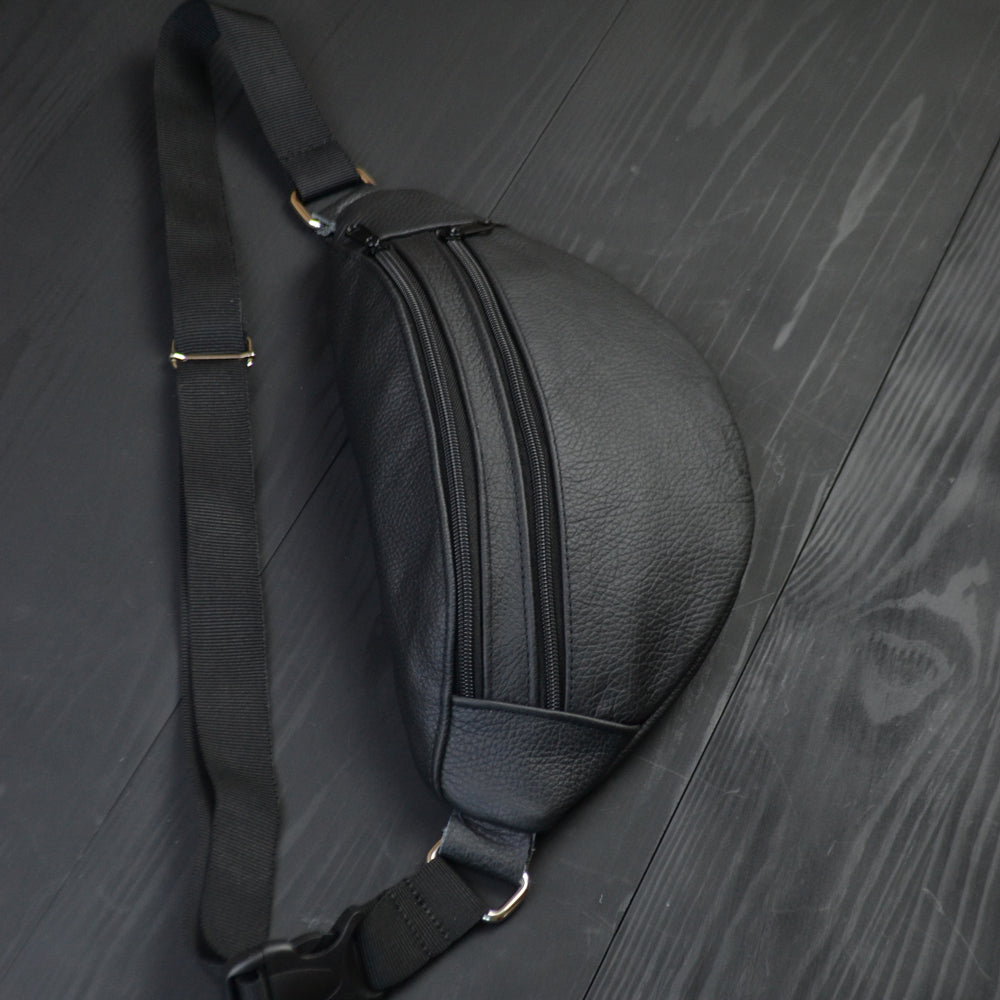 Бананка из натуральной кожи, сумка мужская-женская барсетка черная сумочка