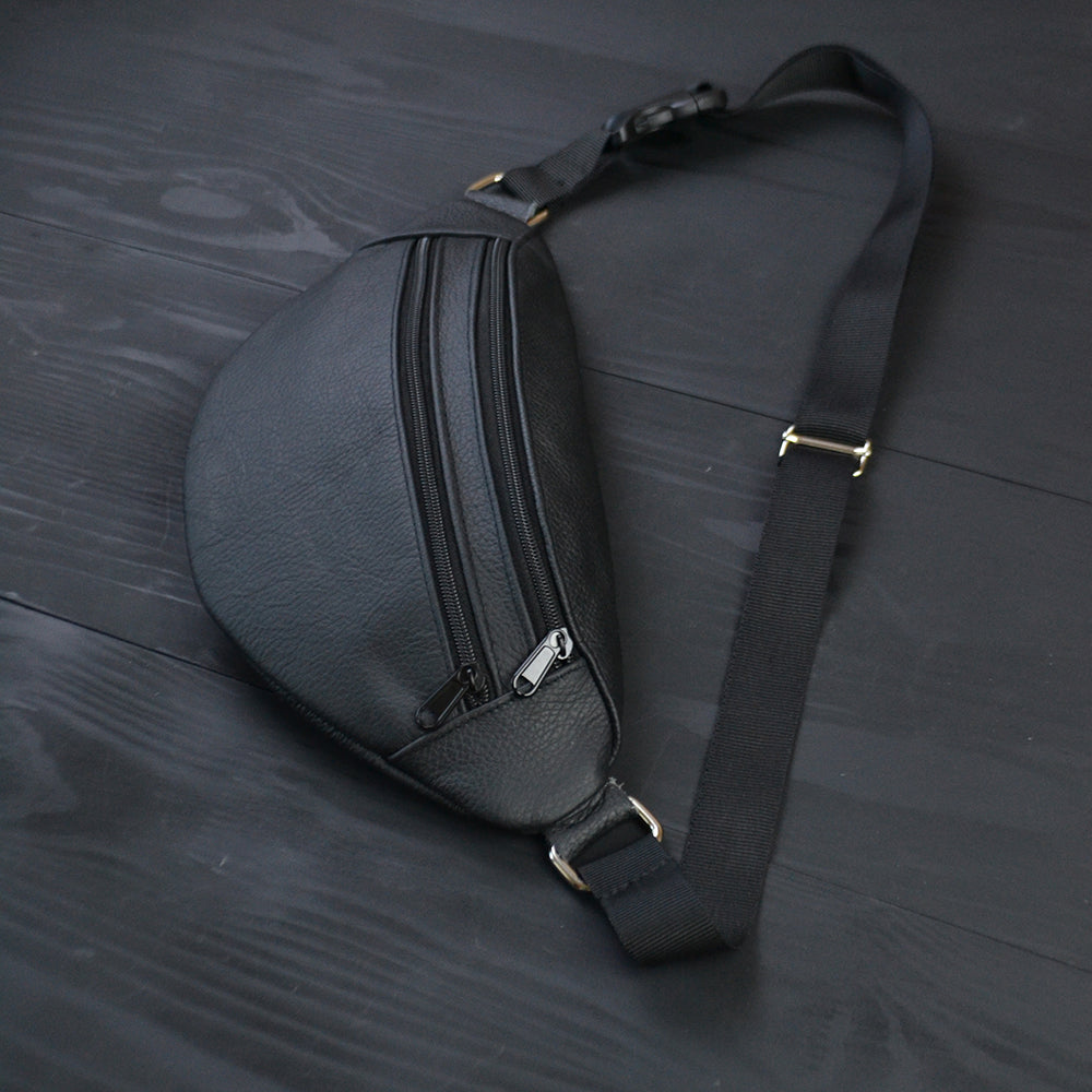 Бананка из натуральной кожи, сумка мужская-женская барсетка черная сумочка