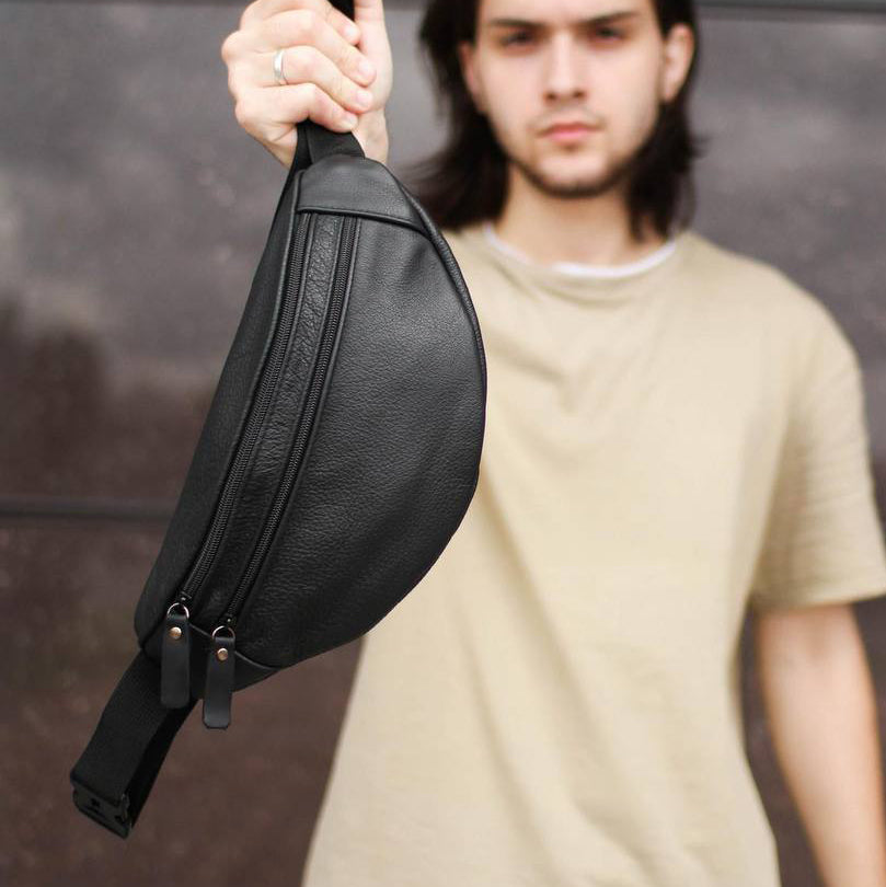 Бананка из натуральной кожи, сумка мужская-женская барсетка черная сумочка