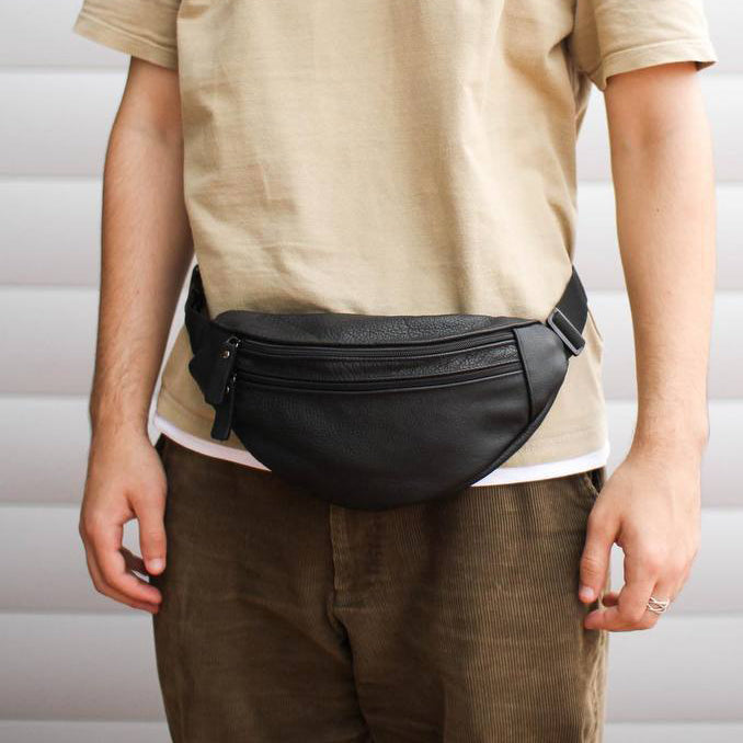 Бананка из натуральной кожи, сумка мужская-женская барсетка черная сумочка