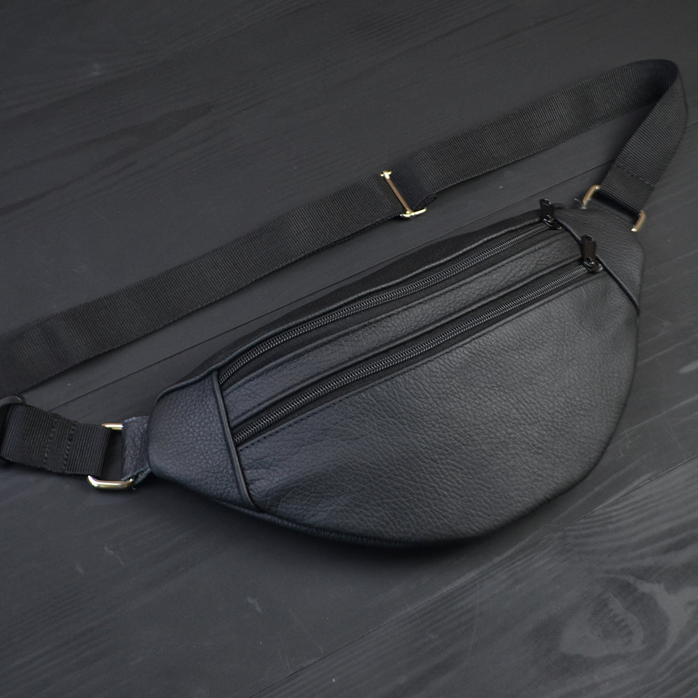 Бананка из натуральной кожи, сумка мужская-женская барсетка черная сумочка