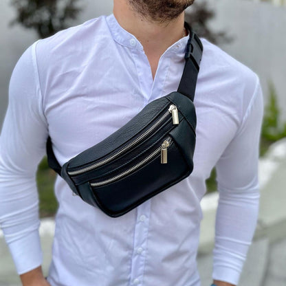 Бананка из натуральной кожи, сумка мужская-женская барсетка черная c серебряным замком