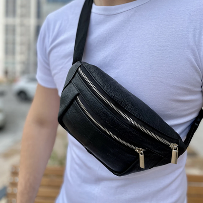 Бананка из натуральной кожи, сумка мужская-женская барсетка черная c серебряным замком