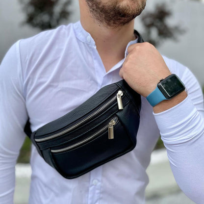 Бананка из натуральной кожи, сумка мужская-женская барсетка черная c серебряным замком