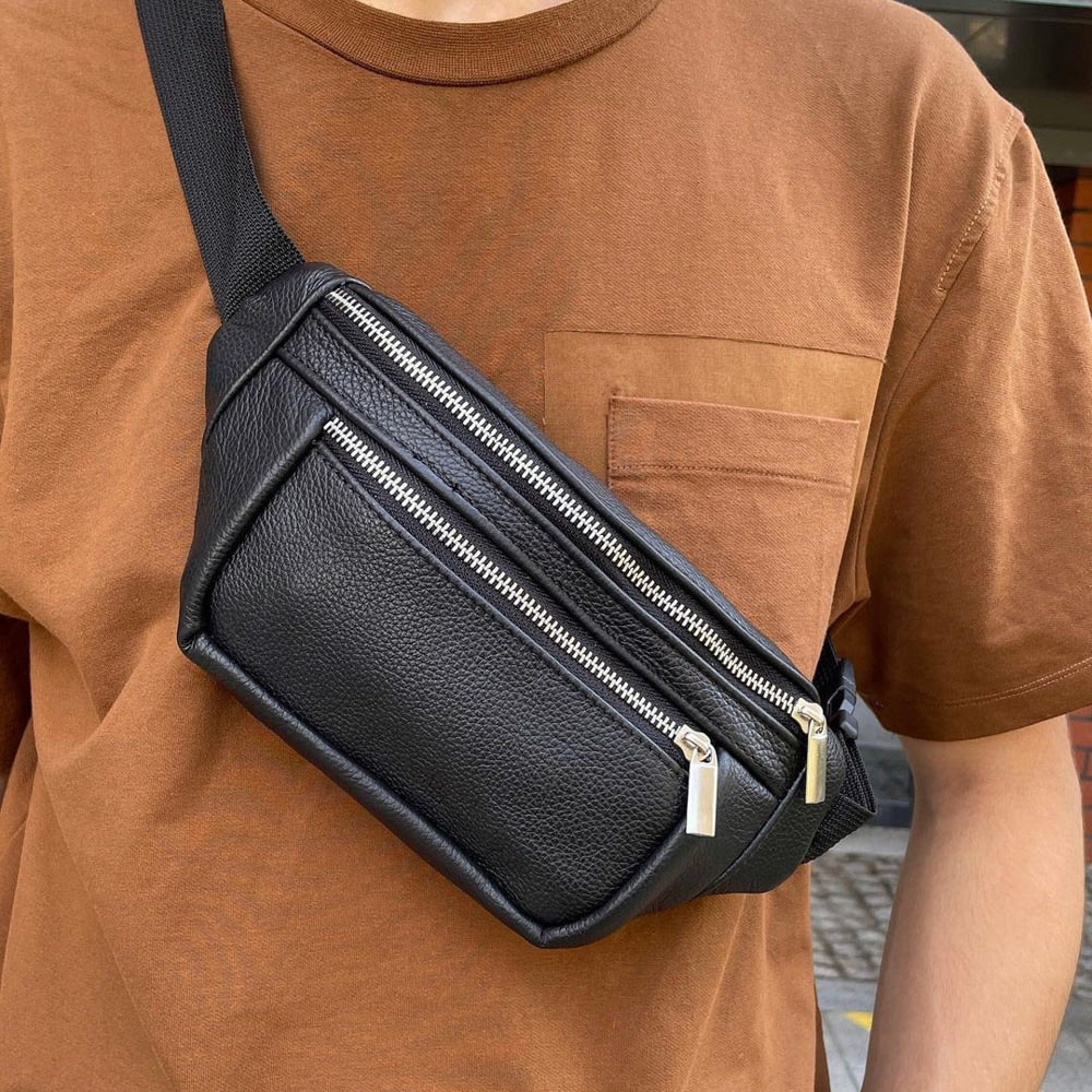 Бананка из натуральной кожи, сумка мужская-женская барсетка черная c серебряным замком