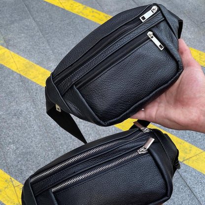 Бананка из натуральной кожи, сумка мужская-женская барсетка черная c серебряным замком