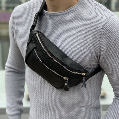 Бананка из натуральной кожи, сумка мужская-женская барсетка черная c серебряным замком