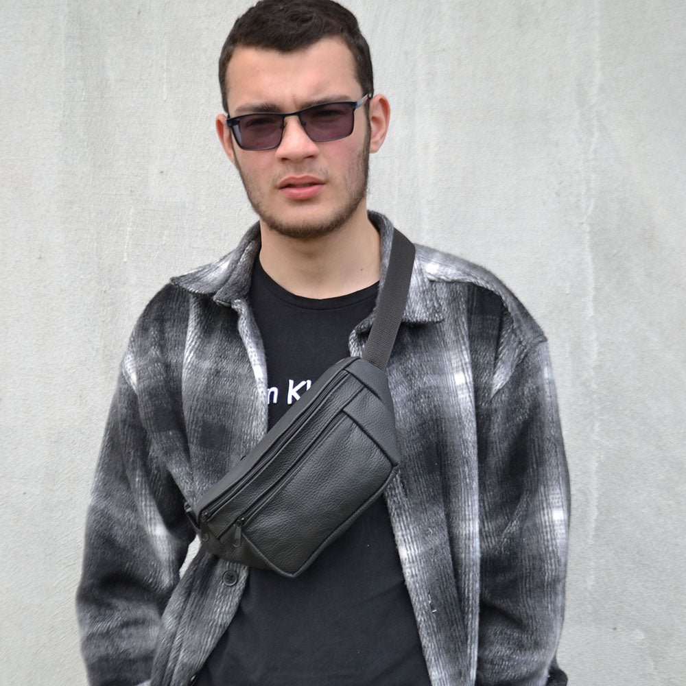 Кожаная качественная бананка мужская - женская сумка, черная сумка из кожи