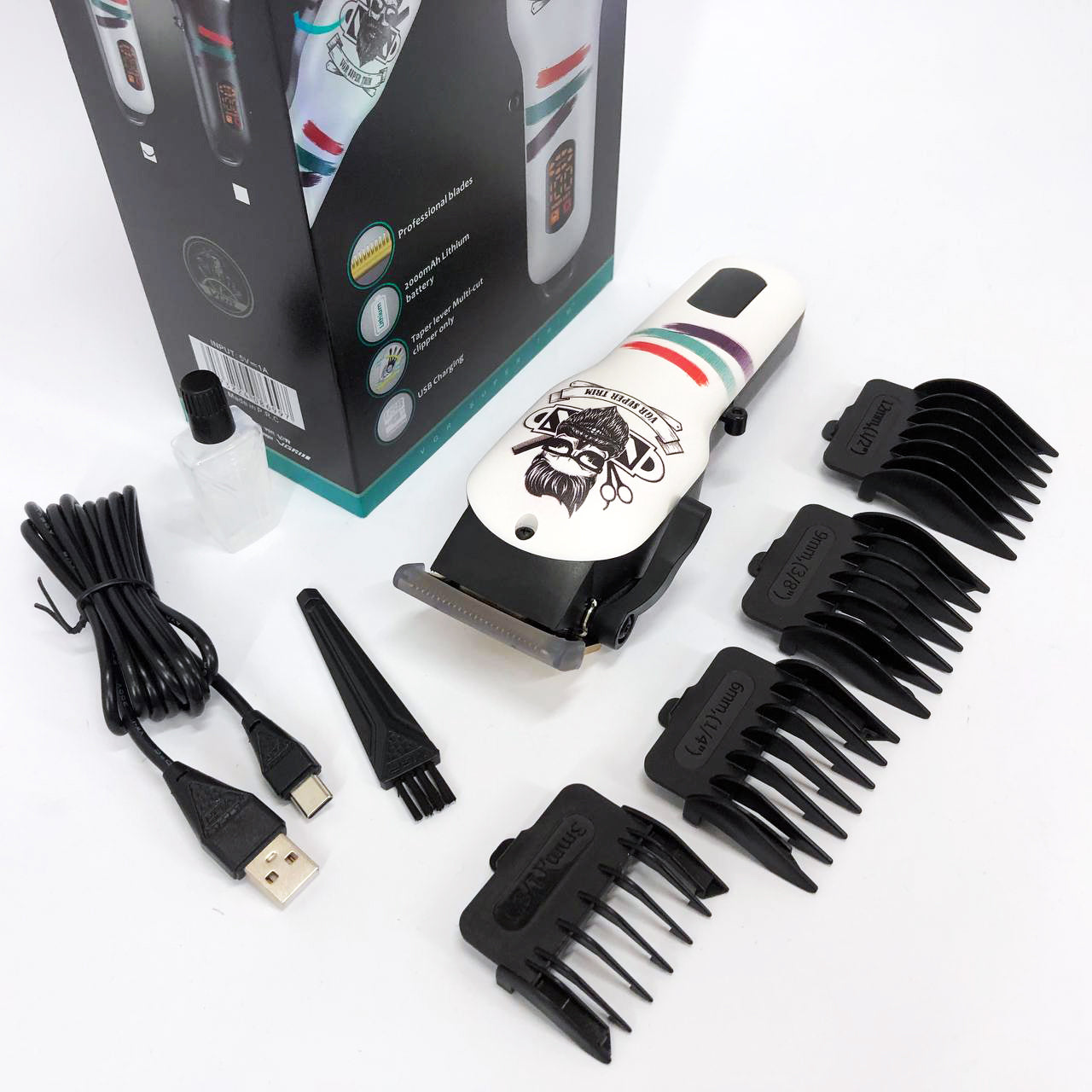 Машинка для стрижки волос и бороды профессиональная VGR V-699 B с насадками и LED дисплеем. Цвет: белый