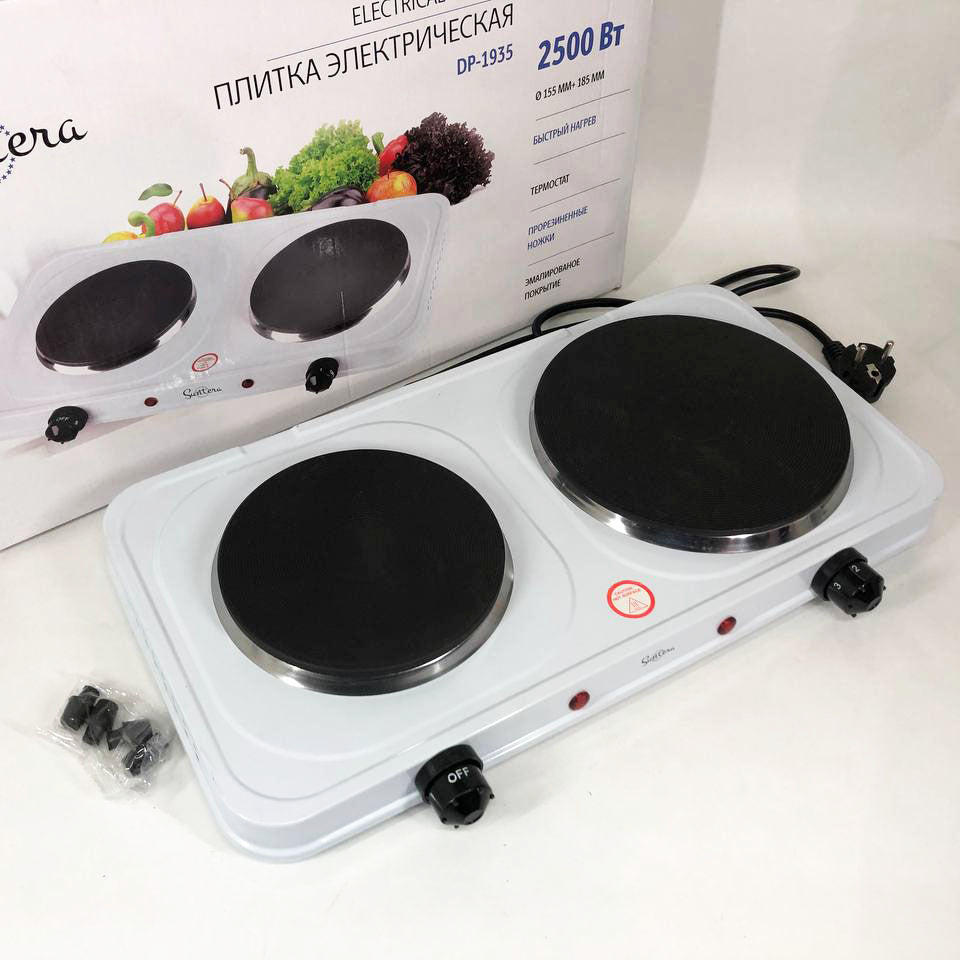 Плитка электрическая Suntera DP-1935W, 2500W, 2 конфорки разного диаметра, 2 конфорки. Цвет: белый