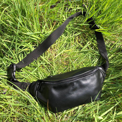 Кожаная бананка, мужская женская сумка из натуральной кожи, черная барсетка