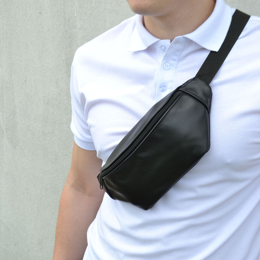 Кожаная бананка, мужская женская сумка из натуральной кожи, черная барсетка