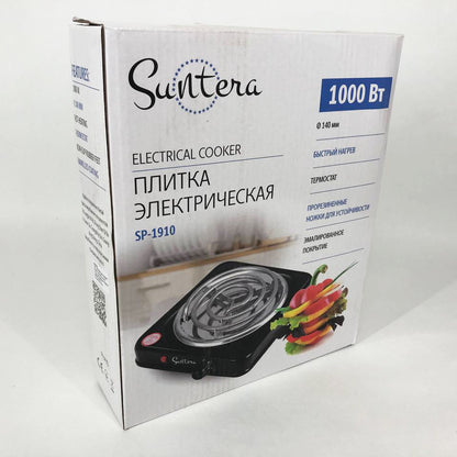 Плита электрическая Suntera SP-1910, электроплита 1000 w, электроплита 1 комфорка. Цвет: черный