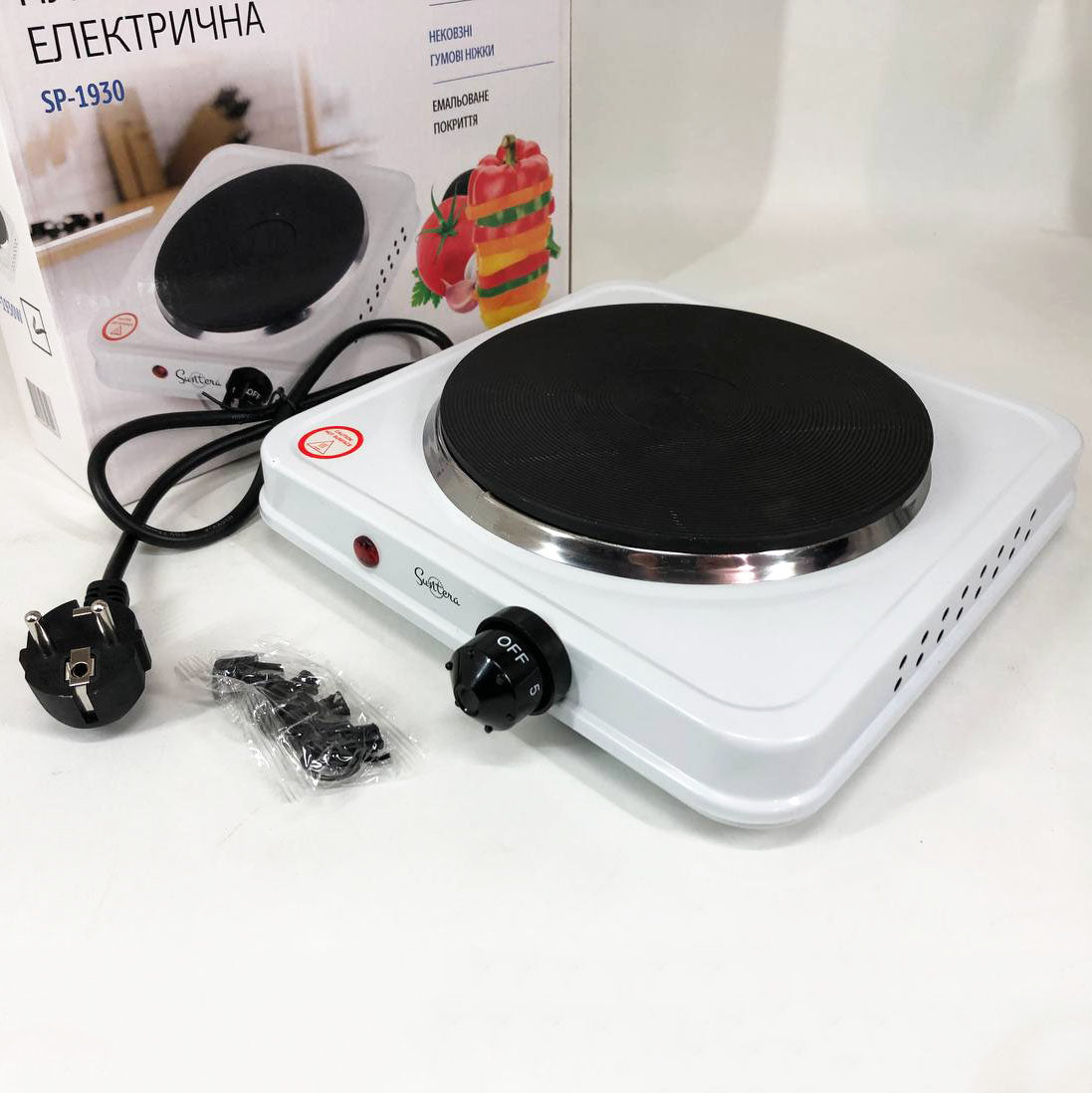 Плита электрическая Suntera SP-1930, электроплита 1 комфорка, электроплита кухонна. Цвет: белый