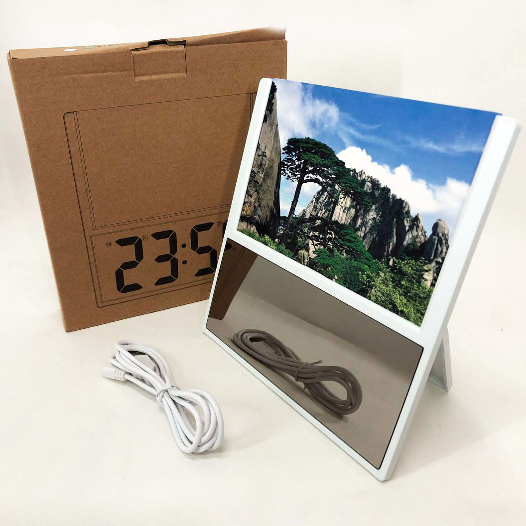 Электронные проводные настольные цифровые часы DS-6608 с фоторамкой, зелёная подсветка. Цвет: белый