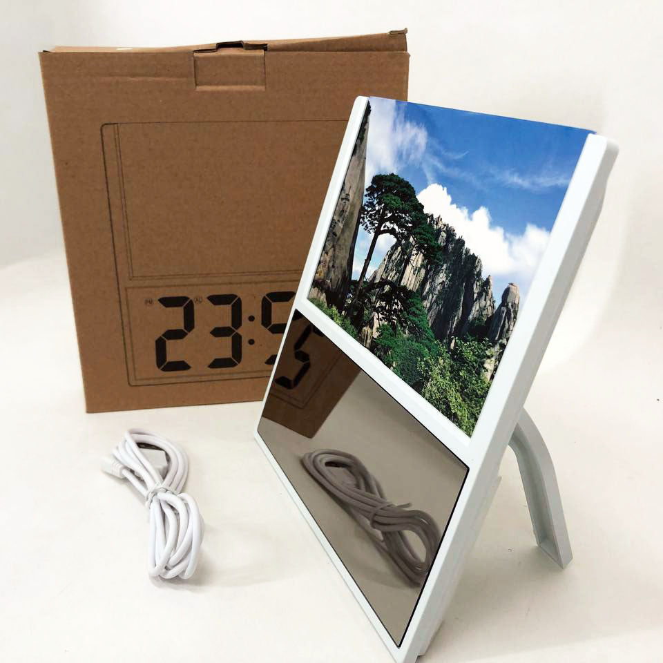 Электронные проводные настольные цифровые часы DS-6608 с фоторамкой, зелёная подсветка. Цвет: белый