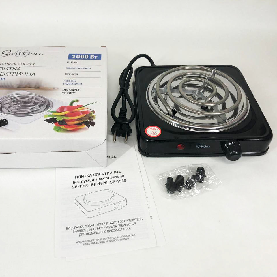 Плита электрическая Suntera SP-1910, электроплита 1000 w, электроплита 1 комфорка. Цвет: черный