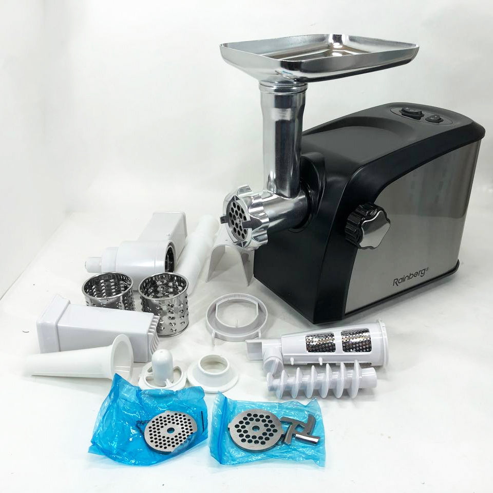 Электрическая мясорубка Rainberg RB-673 с соковыжималкой и шинковкой 9 насадок 3000W с реверсом