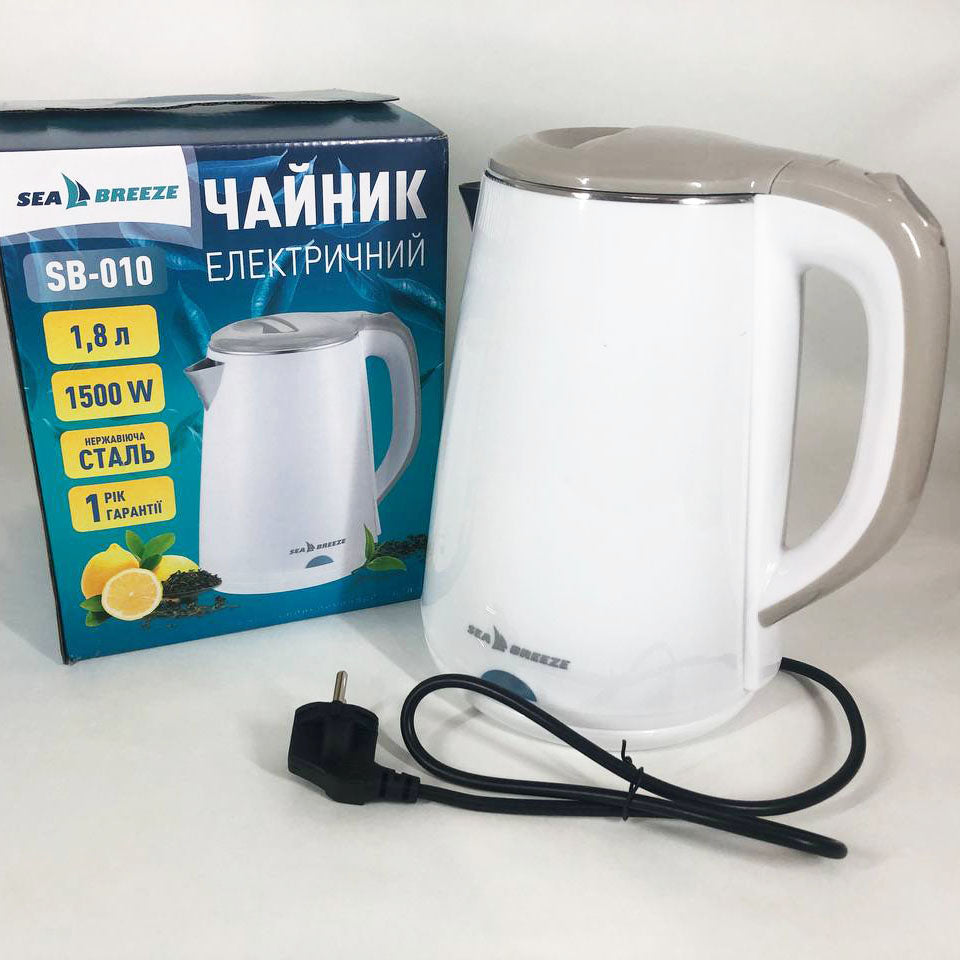 Электрочайник SeaBreeze SB-010 / 1,8 Л / Металлический, чайник дисковый, электронный чайник