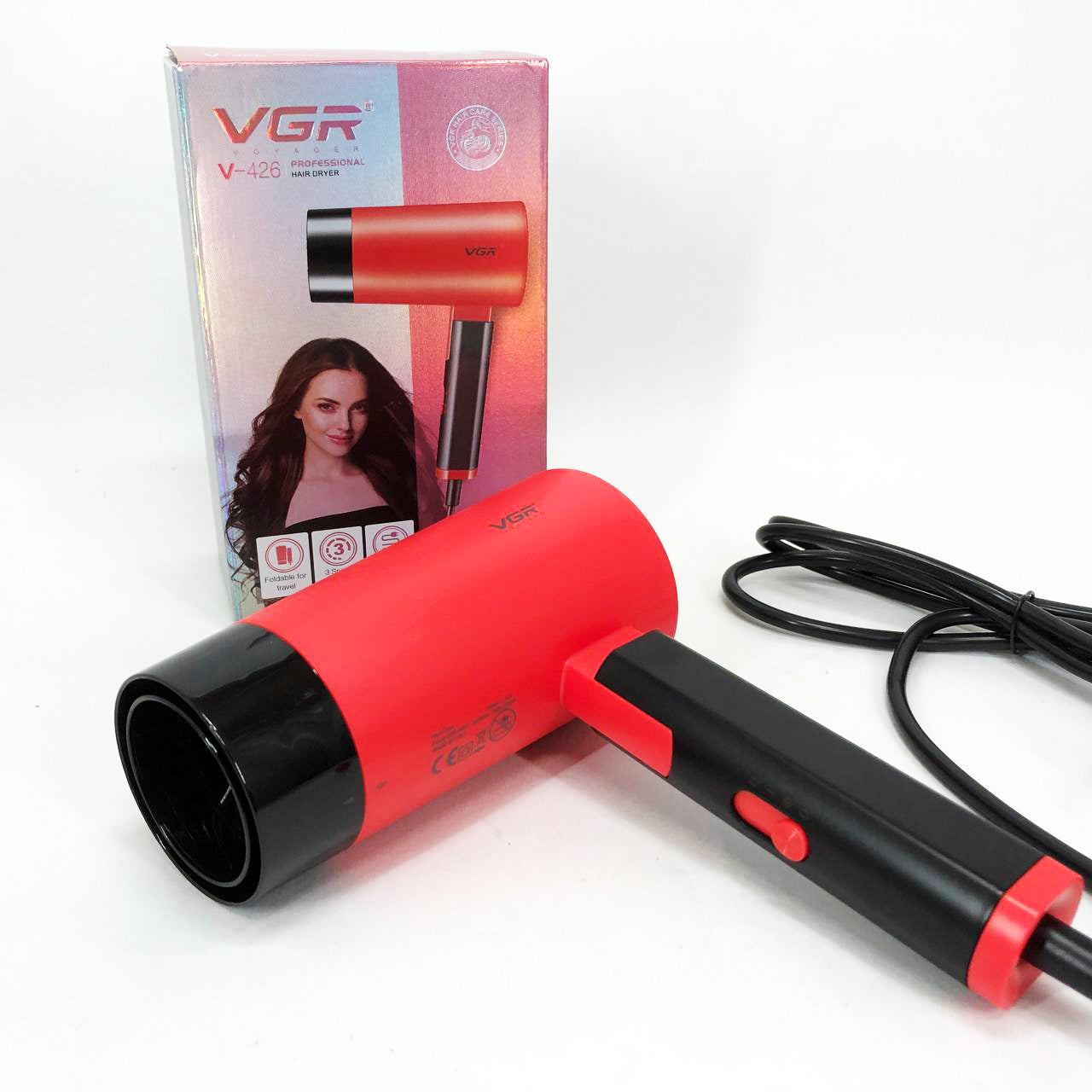 Фен со складной ручкой для волос VGR V-426 2000Вт, Стильный фен для укладки волос. Цвет: красный