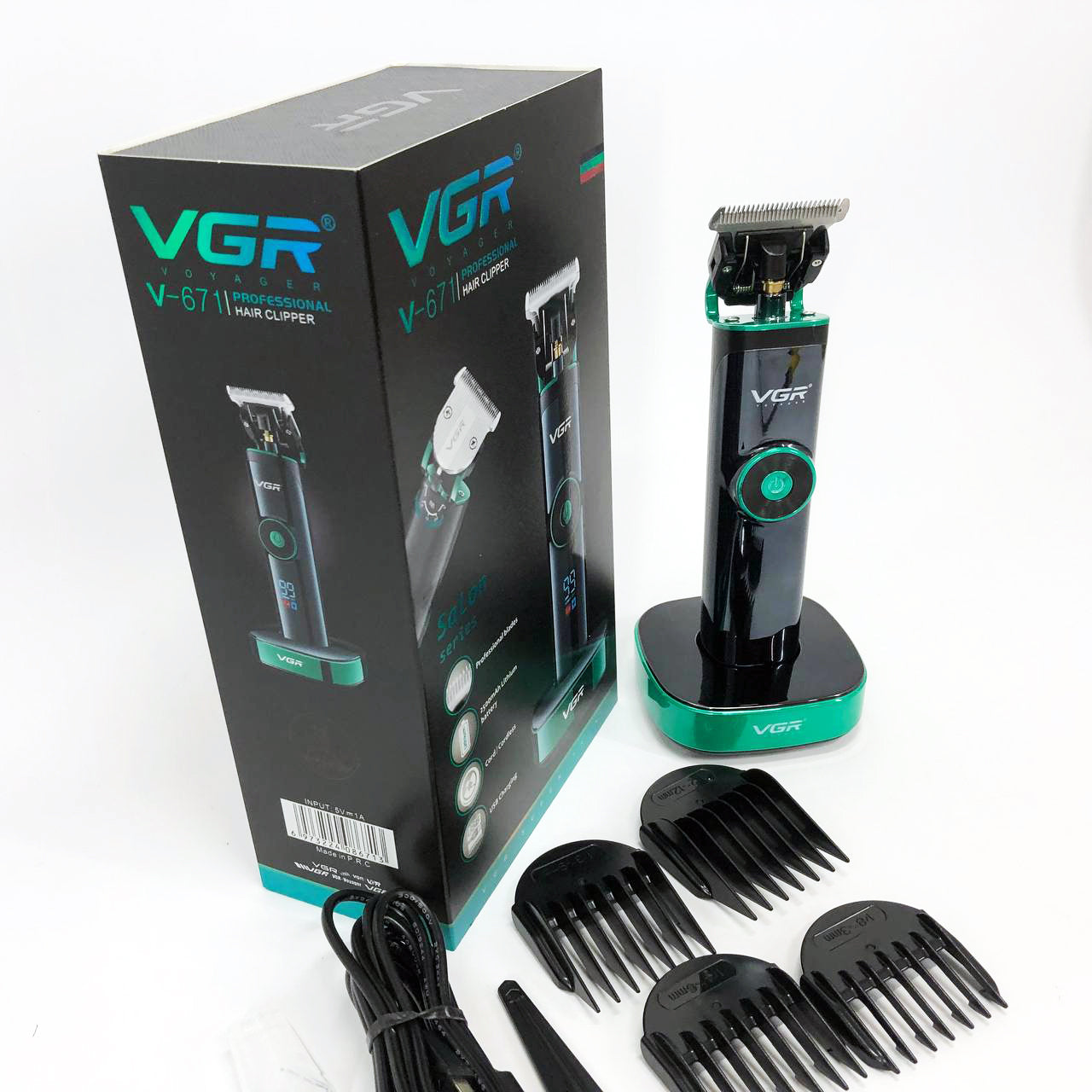 Универсальная машинка триммер для стрижки волос VGR V-671 аккумуляторный с набором насадок и LED дисплеем