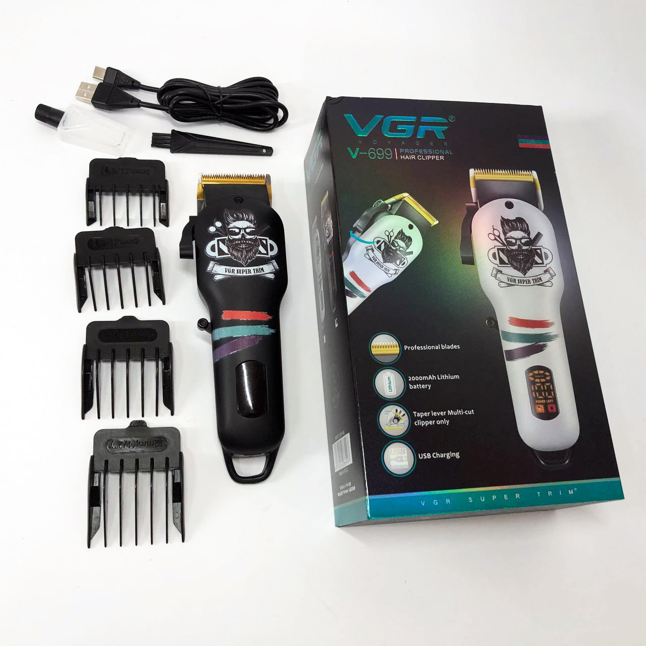 Машинка для стрижки волос и бороды профессиональная VGR V-699 с насадками и LED дисплеем. Цвет: черный