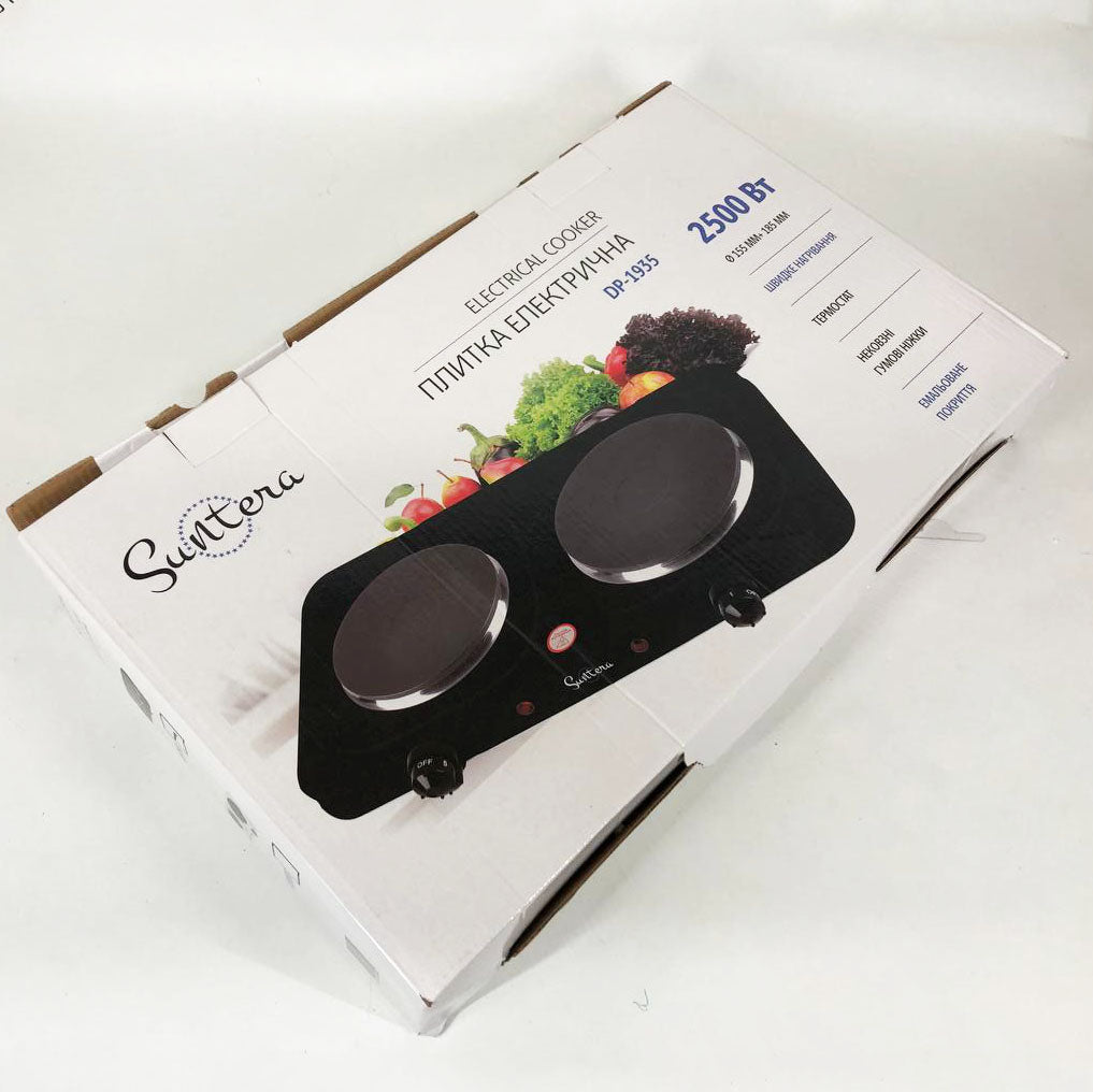 Плитка настільна електрична Suntera DP-1935B, 2500 W, 2 конфорки різного діаметру. Колір: чорний