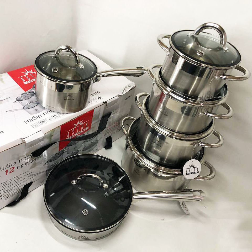 Набор посуды 12 предметов ASTRA A-2412, набор казанов, набор кастрюль из нержавеющей стали