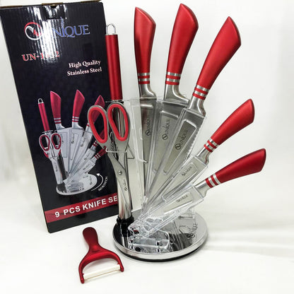 Набор ножей UNIQUE UN-1832 с подставкой 9 предметов овощечистка точилка ножницы Нержавеющая сталь