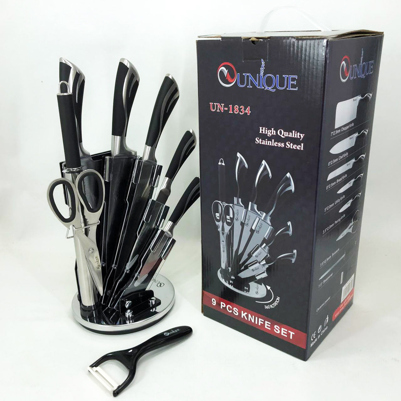 Набор ножей UNIQUE UN-1834 с вращающейся подставкой 9 предметов, Ножи кухонные из нержавеющей стали