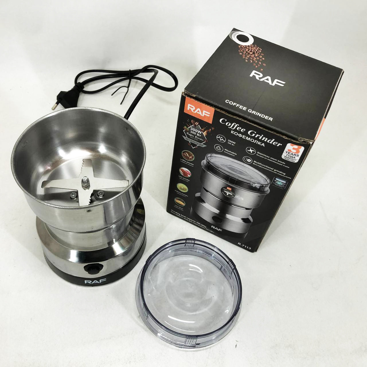 Кофемолка RAF R-7113 мощная роторная, измельчитель электрический, из нержавеющей стали 150 Вт