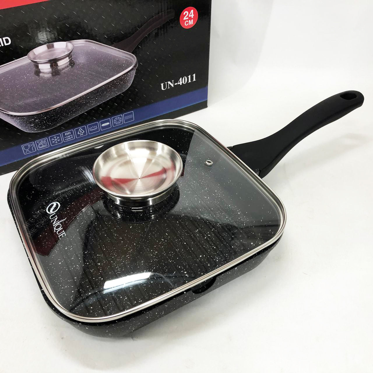 Сковорода-гриль Unique UN-4011 с крышкой 24 см, Сковорода для приготовления на плите с толстым дном