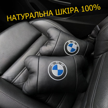 Авто подушки 2 шт — набор BMW из натуральной кожи, на подголовник в машину, Автомобильная подушка БМВ