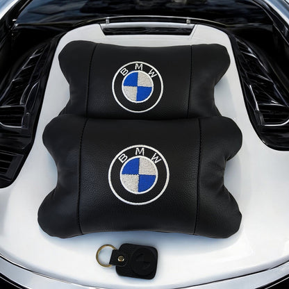 Авто подушки 2 шт — набор BMW из натуральной кожи, на подголовник в машину, Автомобильная подушка БМВ