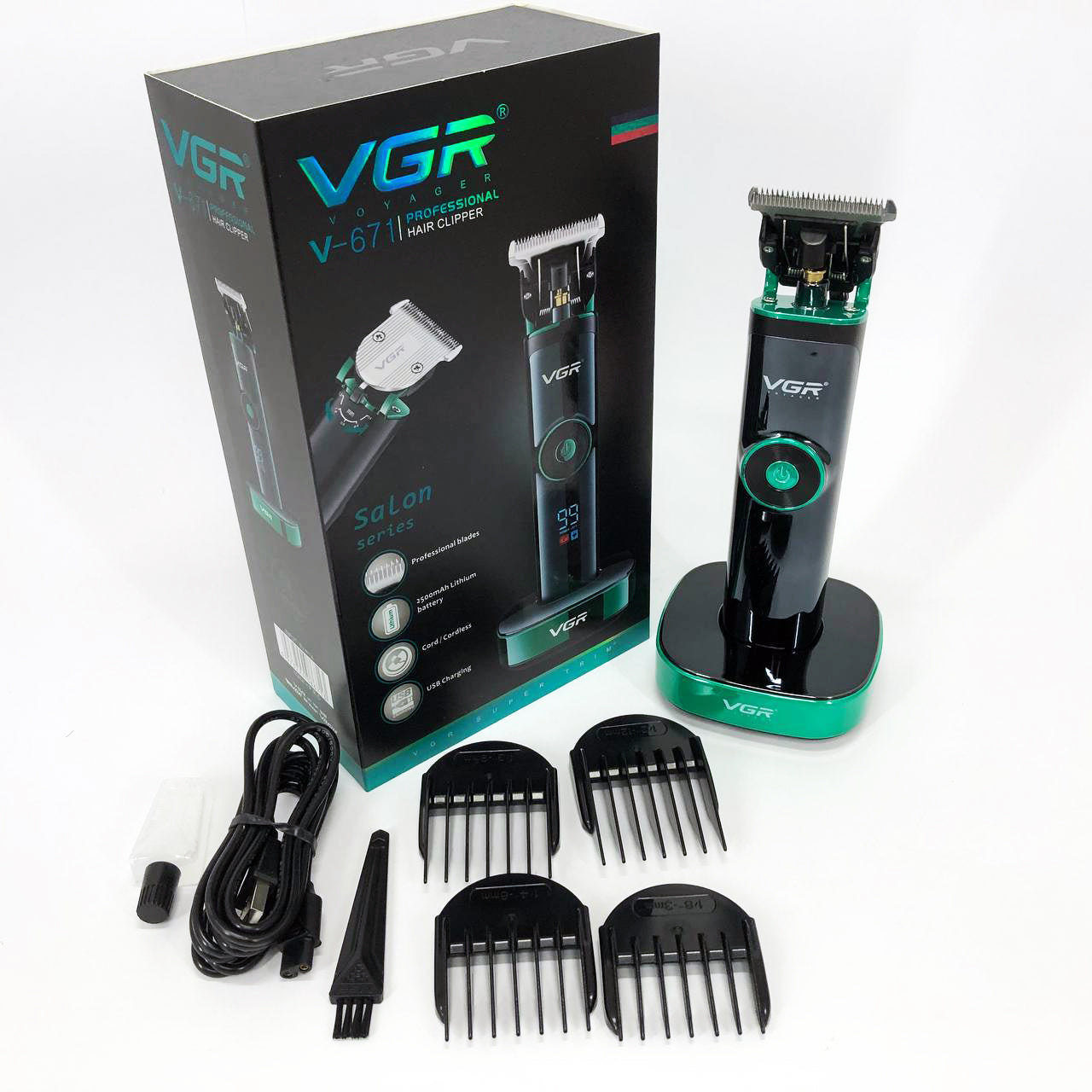 Универсальная машинка триммер для стрижки волос VGR V-671 аккумуляторный с набором насадок и LED дисплеем
