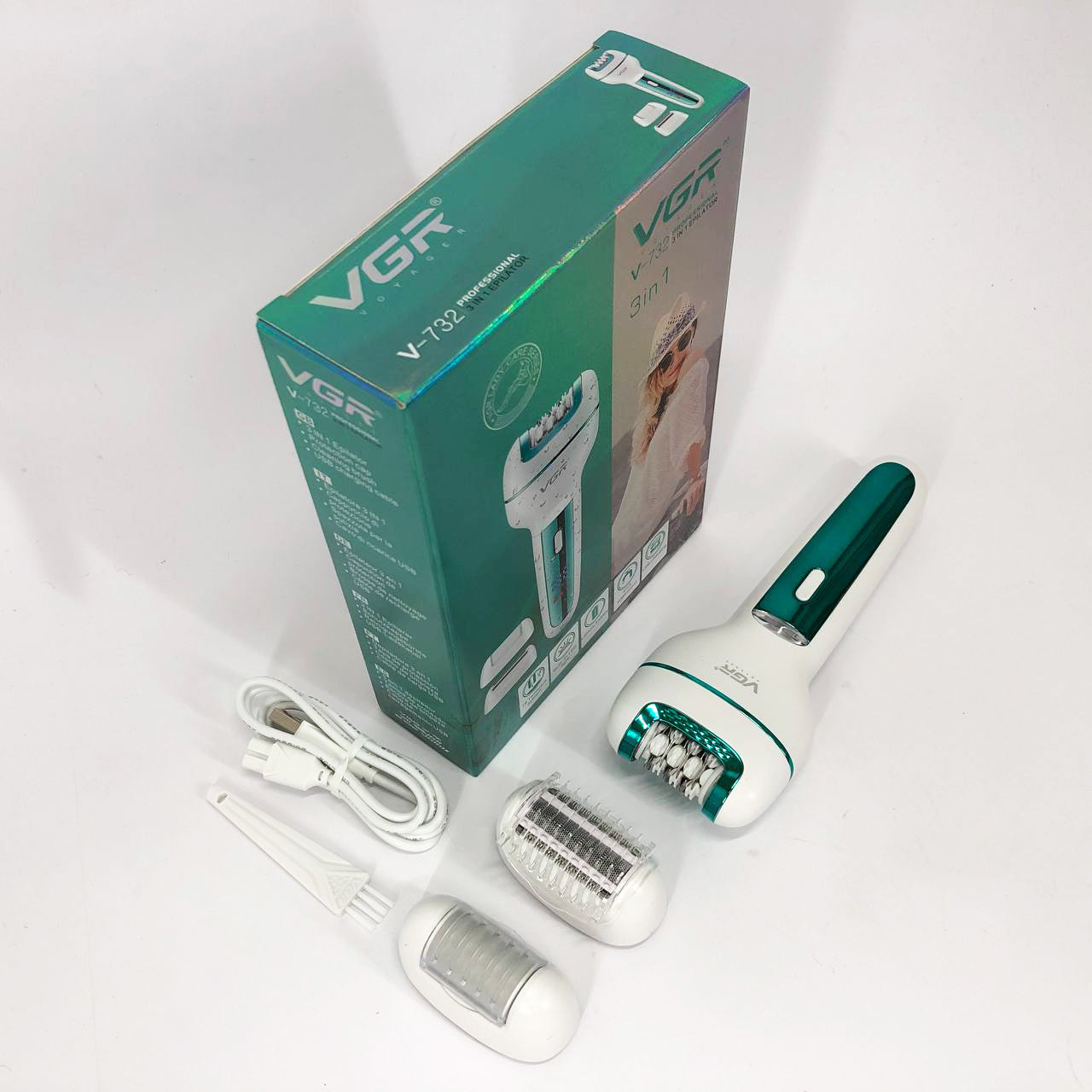 Женский беспроводной эпилятор 3в1 VGR V-732 для ног и зоны бикини с подсветкой и дисплеем. Цвет: зеленый