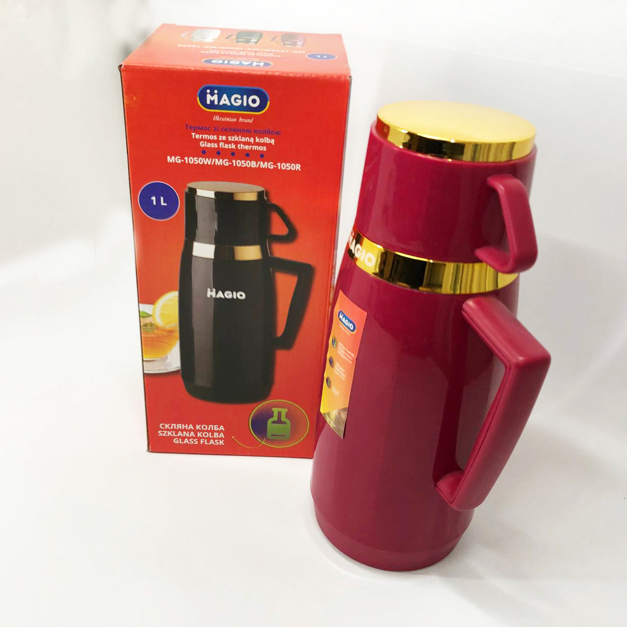 Термос Magio MG-1050R со стеклянной колбой, Термос для питьевой воды, Термос из нержавейки. Цвет: красный