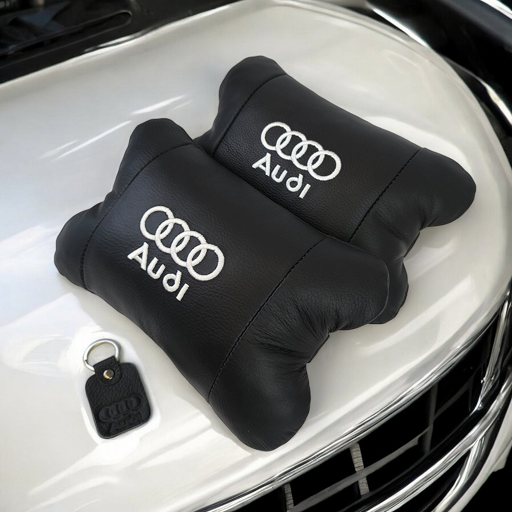 Набор автодушки 2шт на подголовник Audi / Ауди из натуральной кожи черная / Подголовник в машину