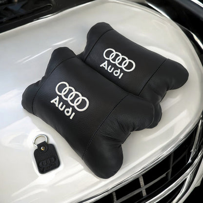 Набор автодушки 2шт на подголовник Audi / Ауди из натуральной кожи черная / Подголовник в машину